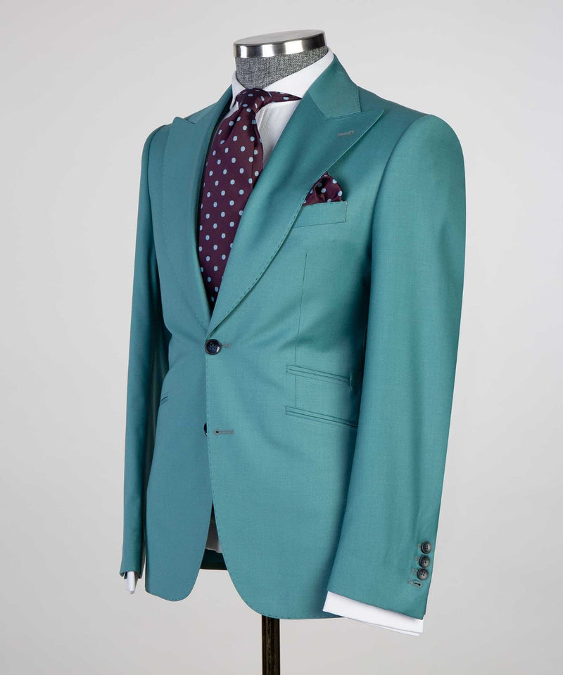 Green Fashion Peaked Lapel Two Buttons 3-Pieces Men Suits