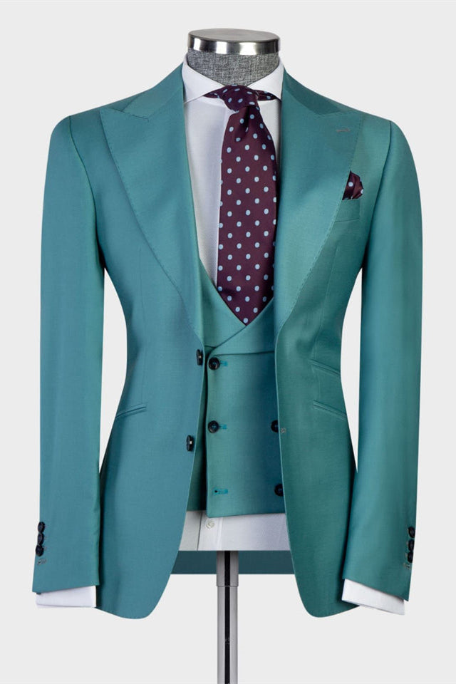 Green Fashion Peaked Lapel Two Buttons 3-Pieces Men Suits