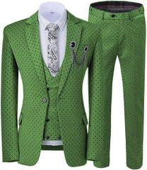 Notched Lapel Three Pieces Close Fitting Green Prom Suits With Black Dot