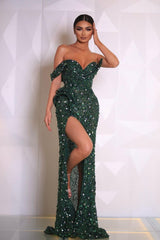Green Off the Shoulder Prom Dress Sequins V Neck With High Slit