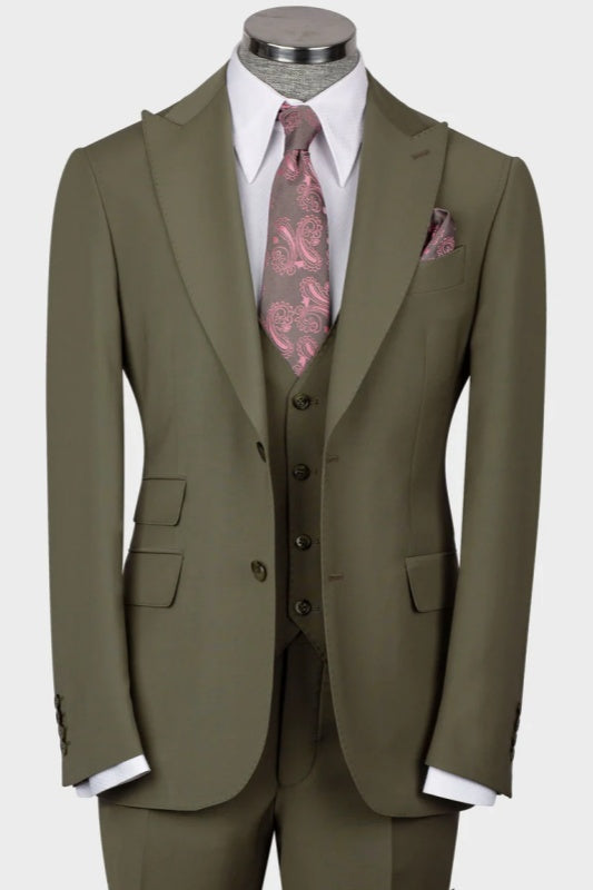 Peaked Lapel Three Pieces Men Green Prom Suits