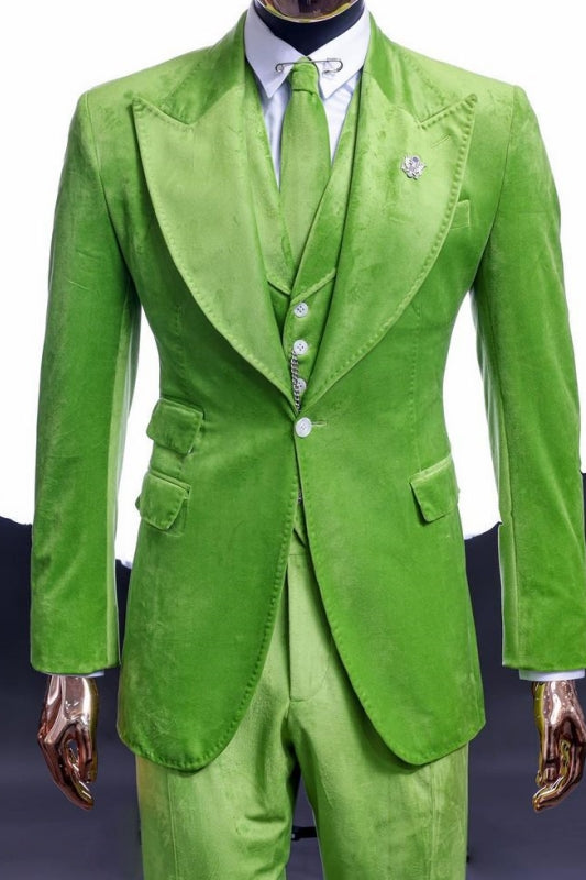 Peaked Lapel Three Pieces Velvet Green Prom Suits
