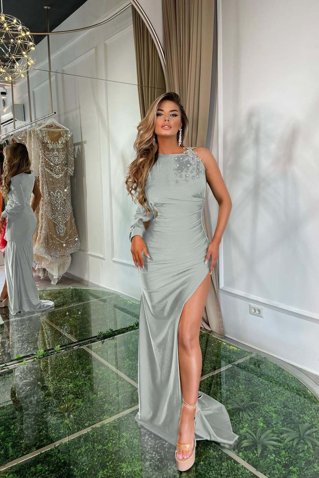 Green Satin With Split Prom Dress One Shoulder One Long Sleeve
