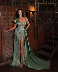 Green Sequins Prom Dress One Shoulder With Sleeveless Trail High Slit