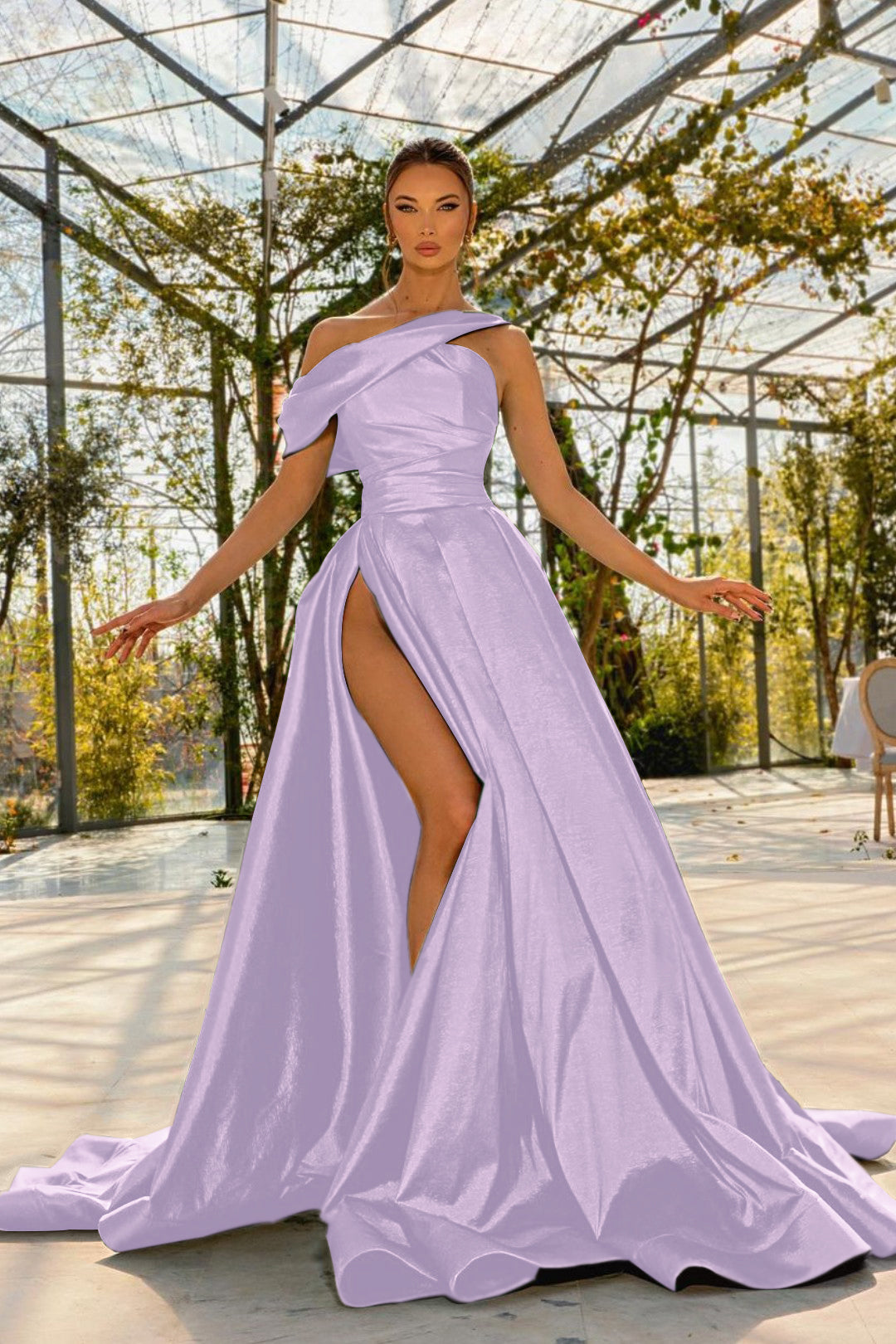 Green Sleeveless Prom Dress One Shoulder Satin With High Split