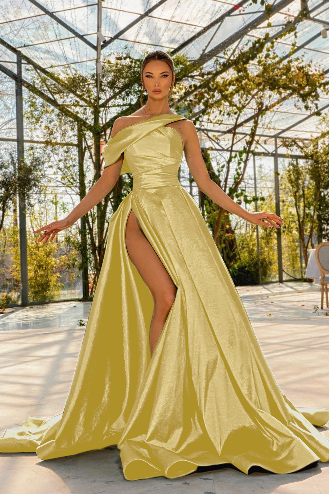 Green Sleeveless Prom Dress One Shoulder Satin With High Split