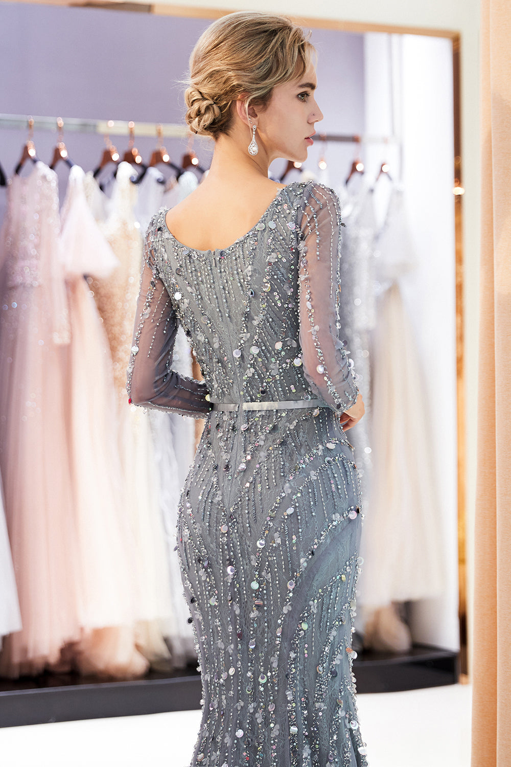 Grey Long Mermaid V-neck Tulle Evening Dresses with Sleeves-27dress