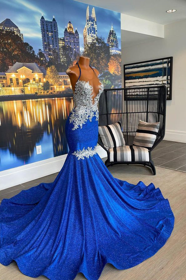Halter Beautiful Royal Blue Backless Mermaid Prom Dress With Appliques