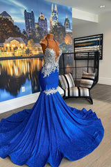 Halter Beautiful Royal Blue Sleeveless Long Mermaid Prom Dress With Appliques