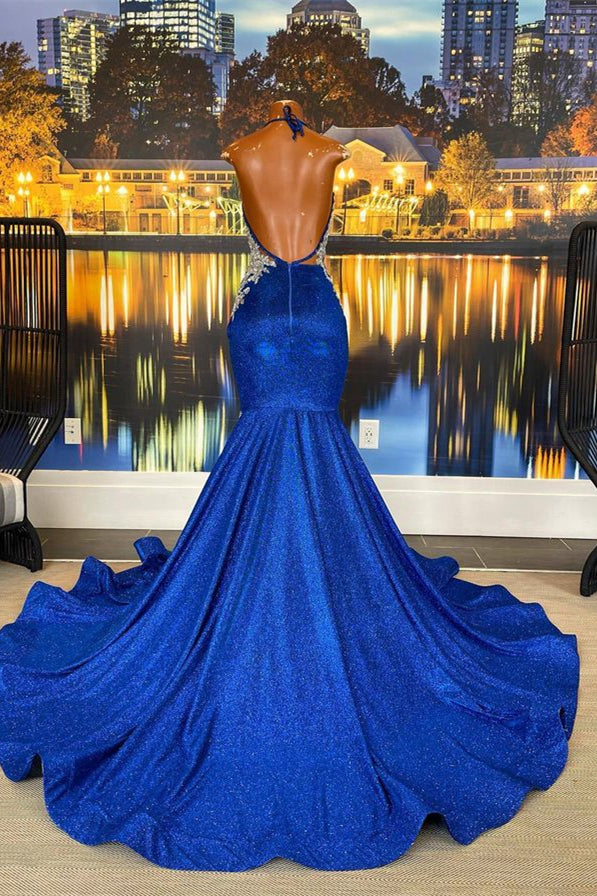 Halter Beautiful Royal Blue Sleeveless Long Mermaid Prom Dress With Appliques