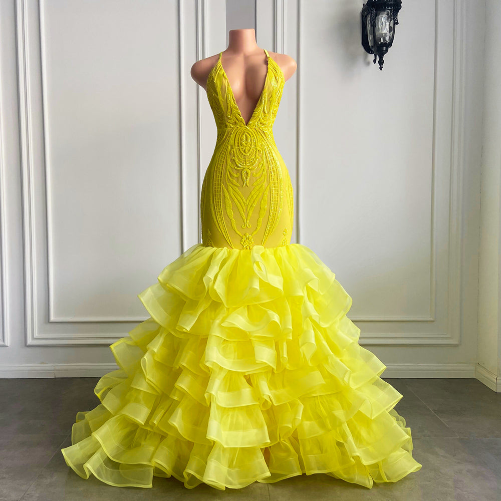 Halter Bright Yellow Deep V Sleeveless Neck Mermaid lace Prom Dress With Ruffle