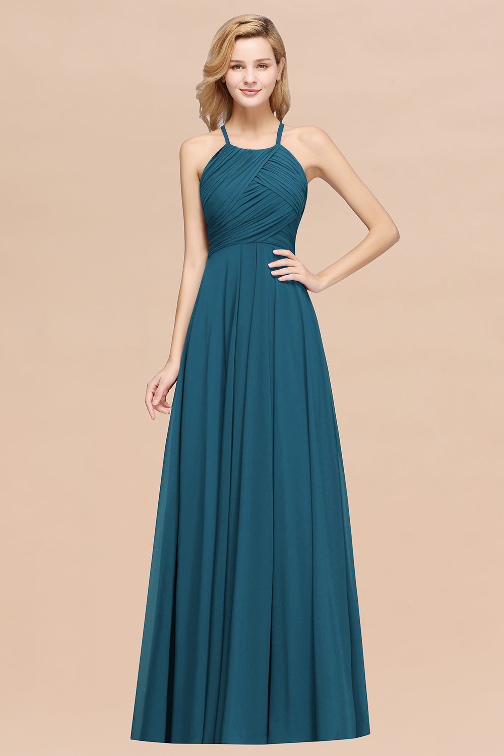 Halter Crisscross Pleated Bridesmaid Dress Blue Chiffon Sleeveless Maid of Honor Dress-27dress