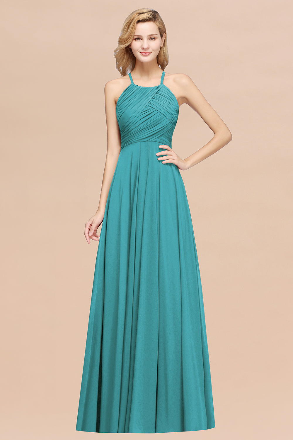 Halter Crisscross Pleated Bridesmaid Dress Blue Chiffon Sleeveless Maid of Honor Dress-27dress
