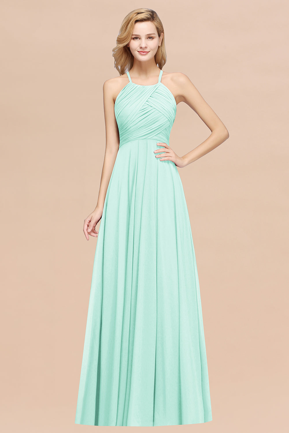 Halter Crisscross Pleated Bridesmaid Dress Blue Chiffon Sleeveless Maid of Honor Dress-27dress