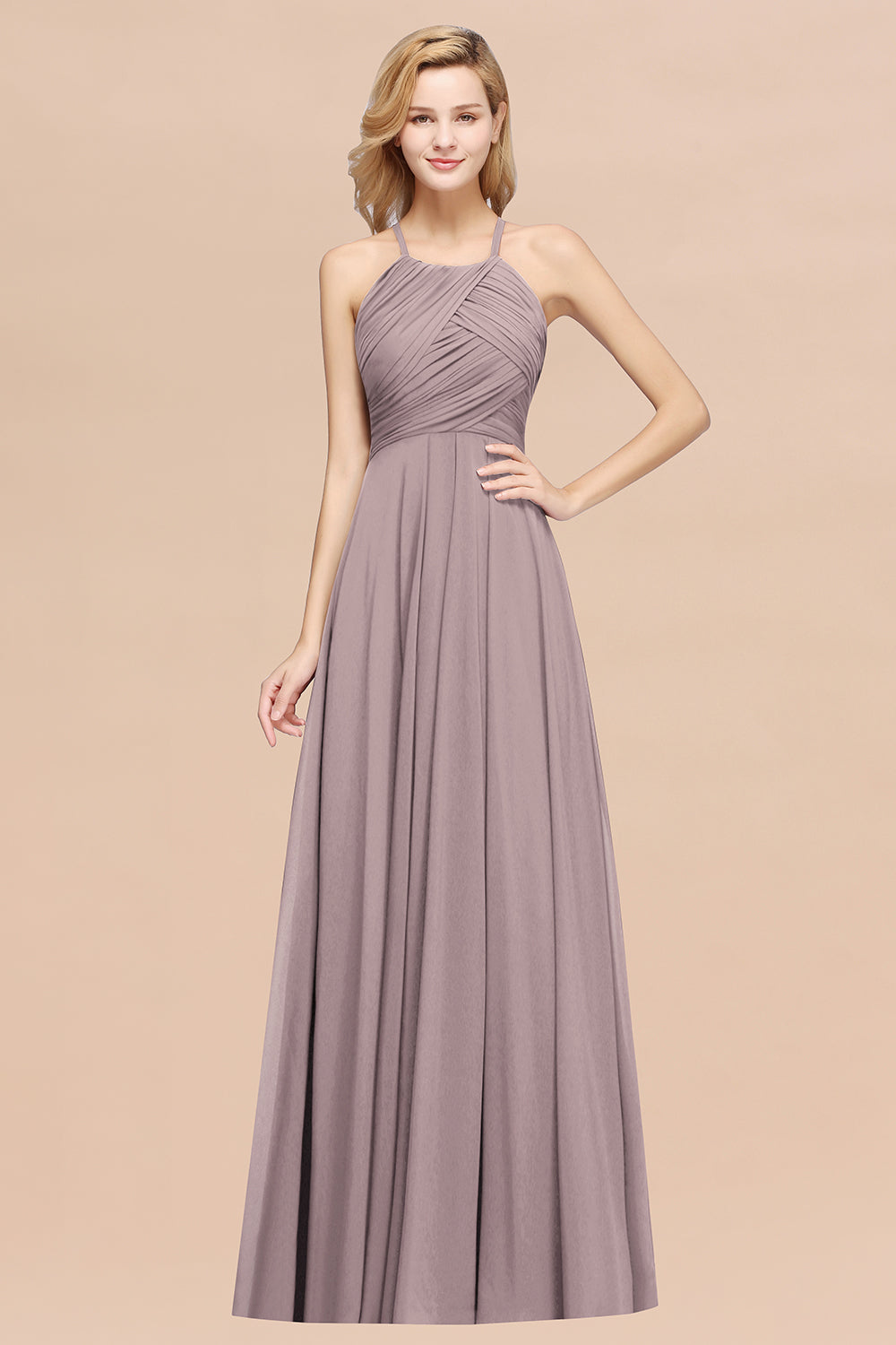Halter Crisscross Pleated Bridesmaid Dress Blue Chiffon Sleeveless Maid of Honor Dress-27dress