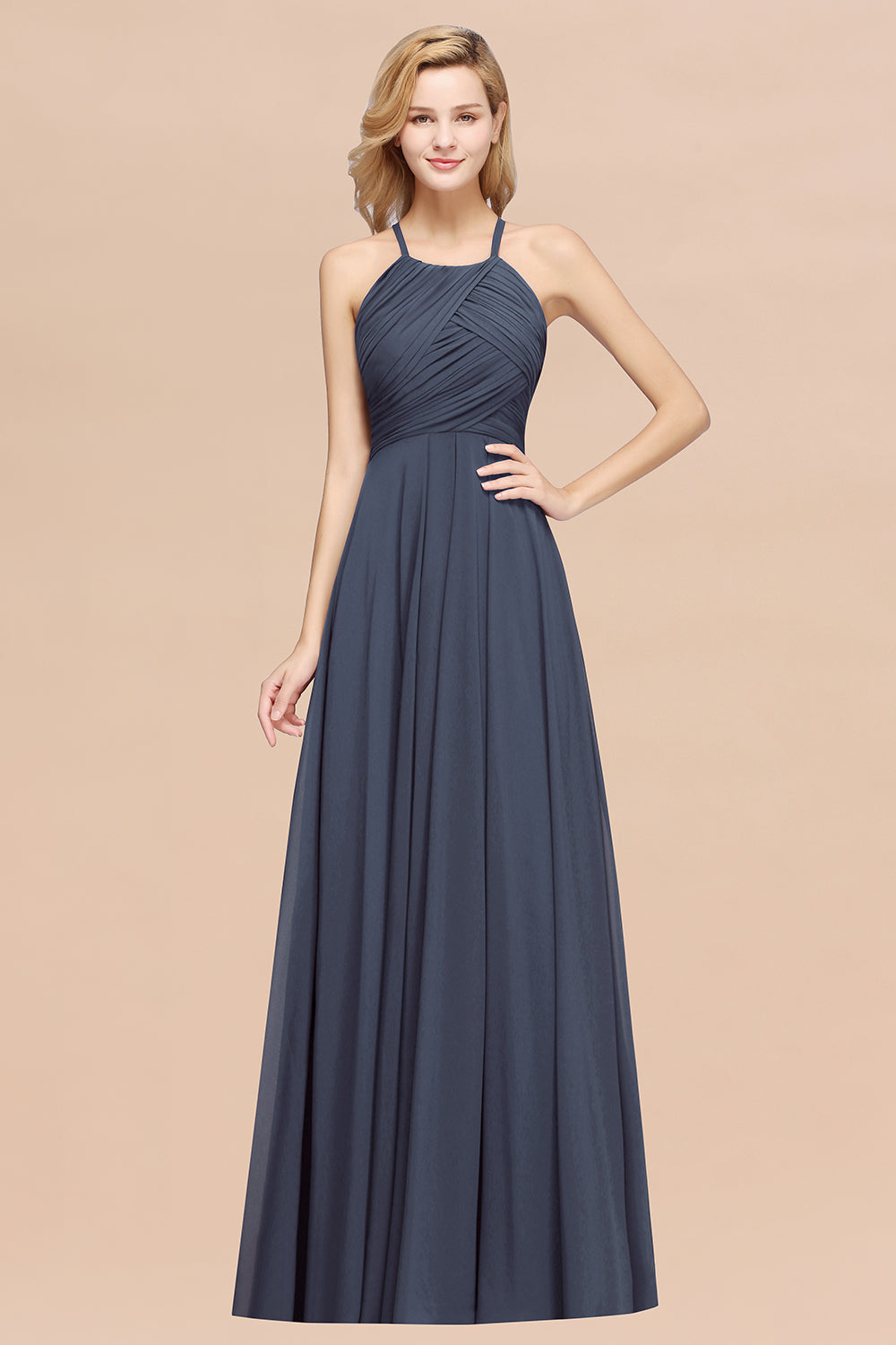 Halter Crisscross Pleated Bridesmaid Dress Blue Chiffon Sleeveless Maid of Honor Dress-27dress