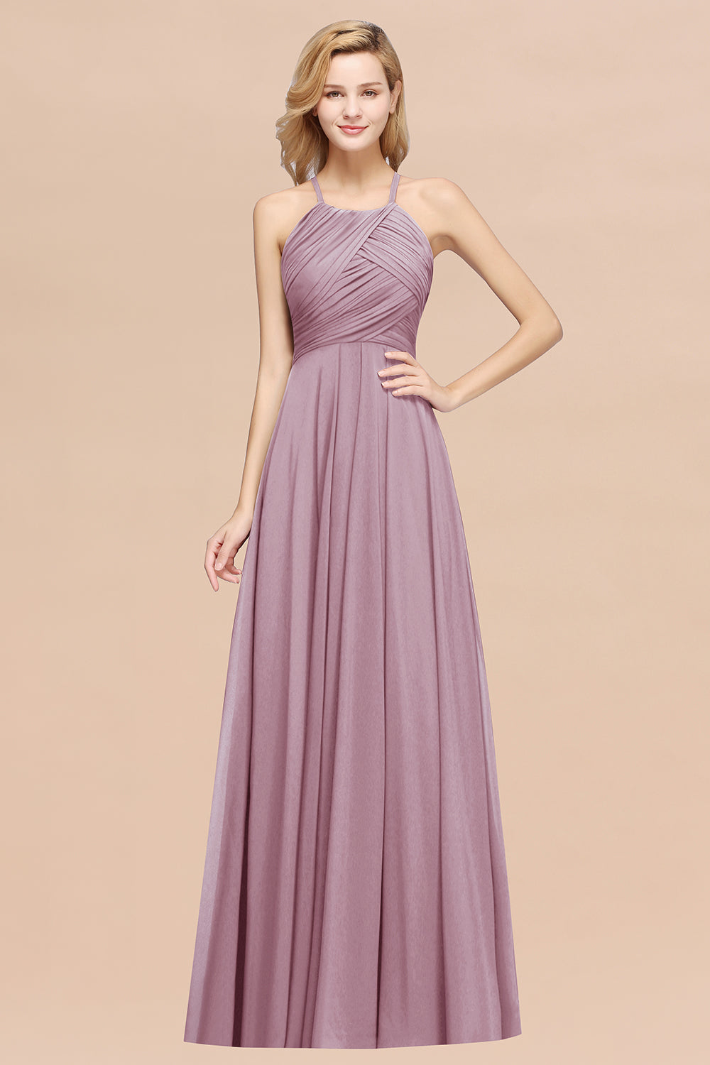 Halter Crisscross Pleated Bridesmaid Dress Blue Chiffon Sleeveless Maid of Honor Dress-27dress