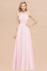 Halter Crisscross Pleated Bridesmaid Dress Blue Chiffon Sleeveless Maid of Honor Dress-27dress