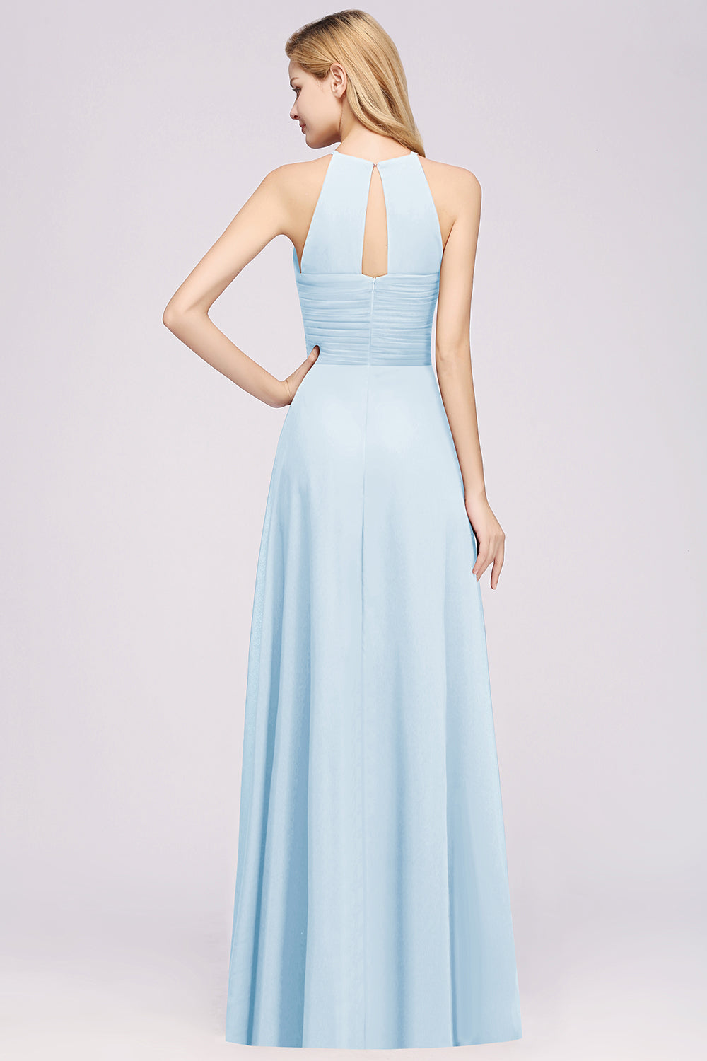 Halter Crisscross Pleated Bridesmaid Dress Blue Chiffon Sleeveless Maid of Honor Dress-27dress