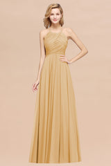 Halter Crisscross Pleated Bridesmaid Dress Blue Chiffon Sleeveless Maid of Honor Dress-27dress