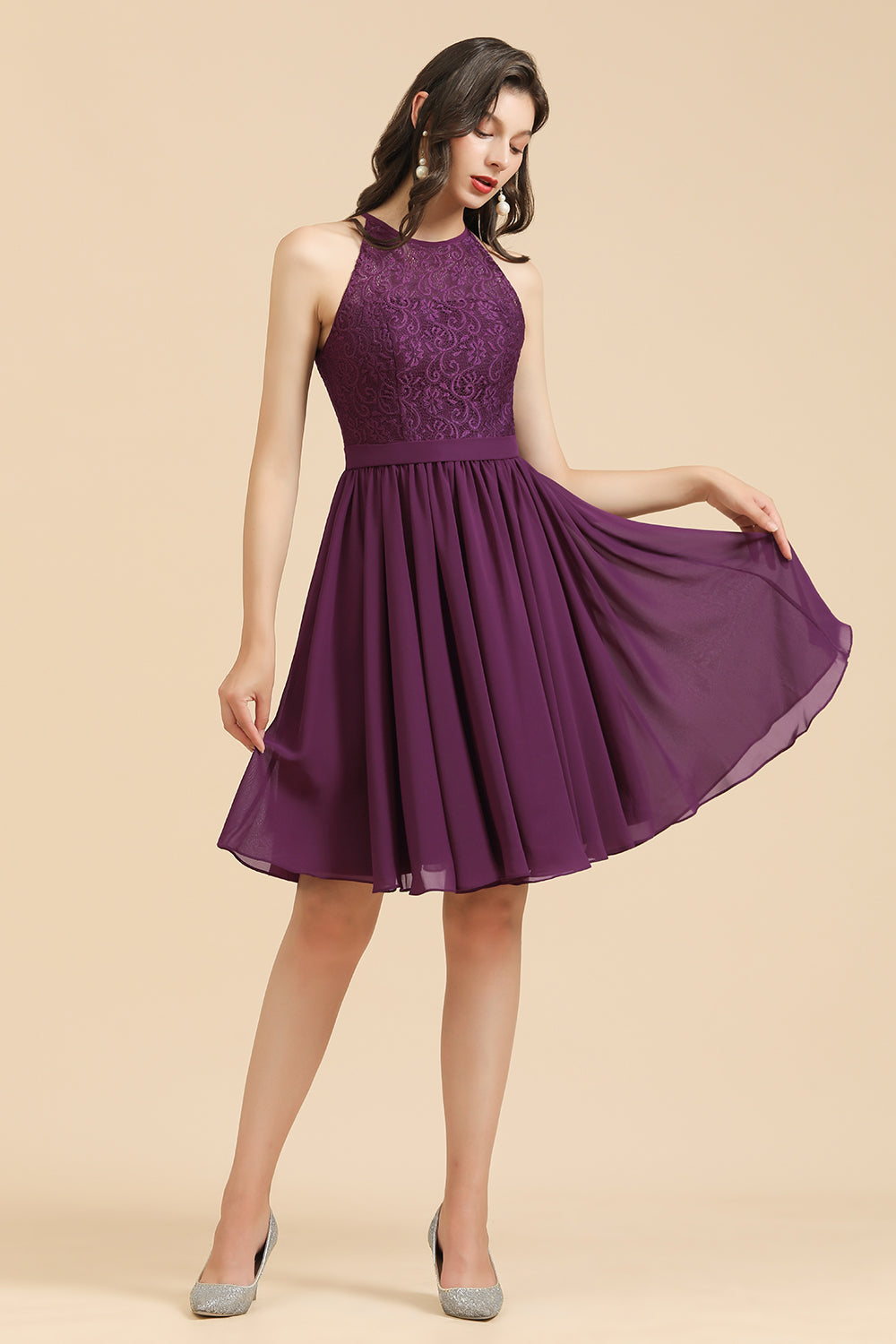 Halter Lace Bridesmaid Dress Chiffon Sleeveless Short Dress-27dress
