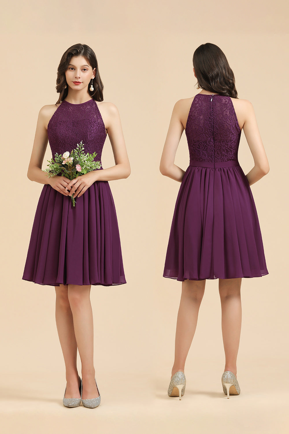 Halter Lace Bridesmaid Dress Chiffon Sleeveless Short Dress-27dress