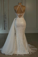 Halter Long Mermaid Sleeveless Wedding Dress with Beading-27dress