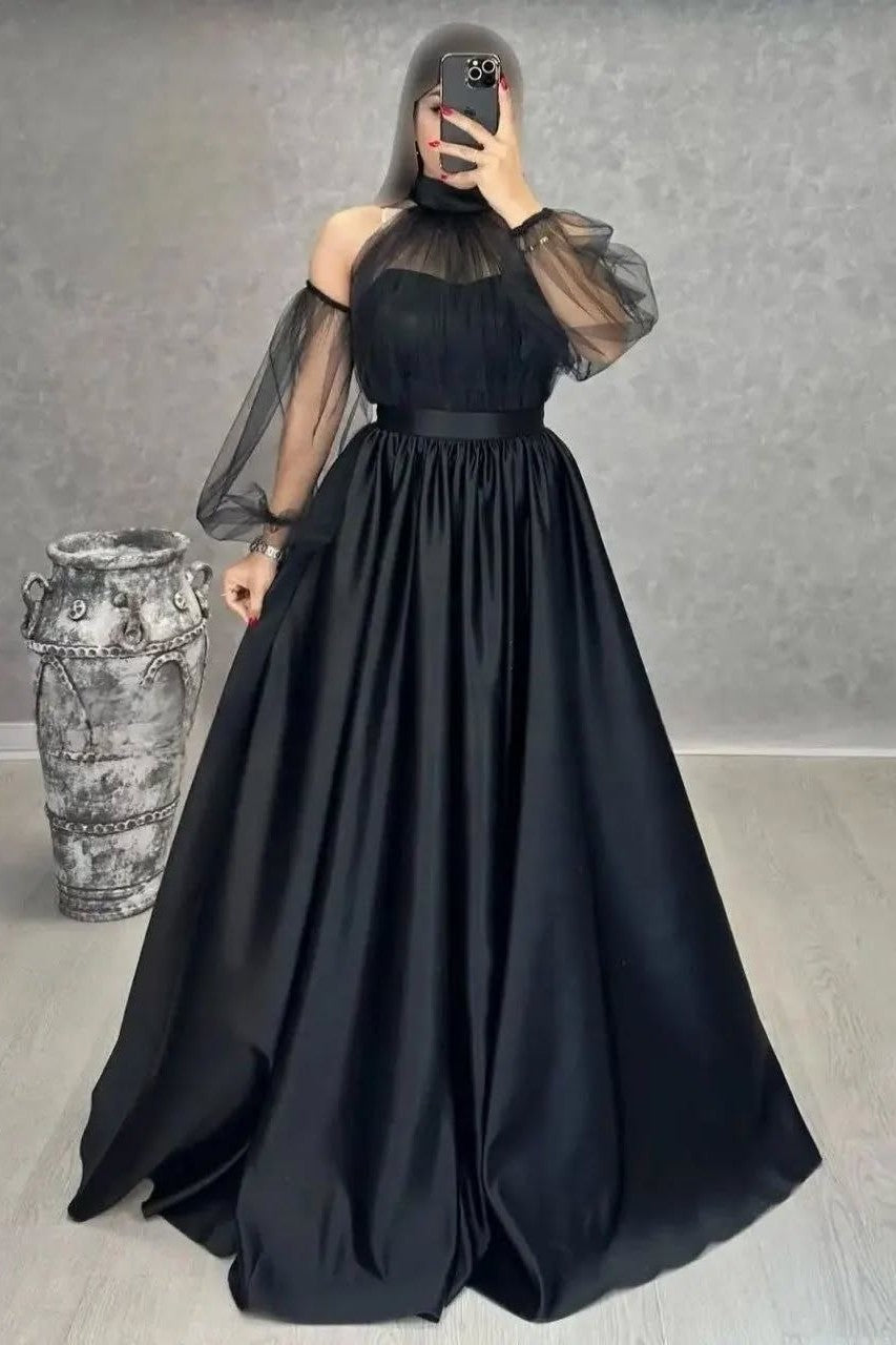 Halter Long Sleeves Sweetheart Long Prom Dress With Pleated