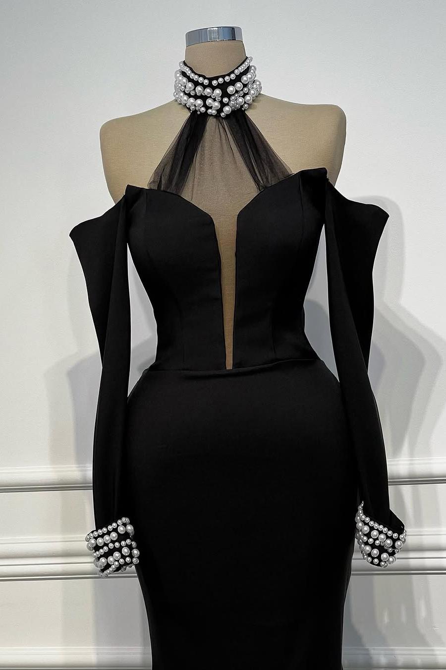 Halter Off the Shoulder Long Sleeves Mermaid Long Prom Dress With Beading