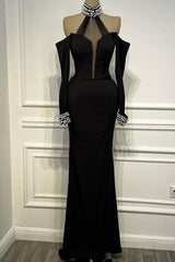 Halter Off the Shoulder Long Sleeves Mermaid Long Prom Dress With Beading