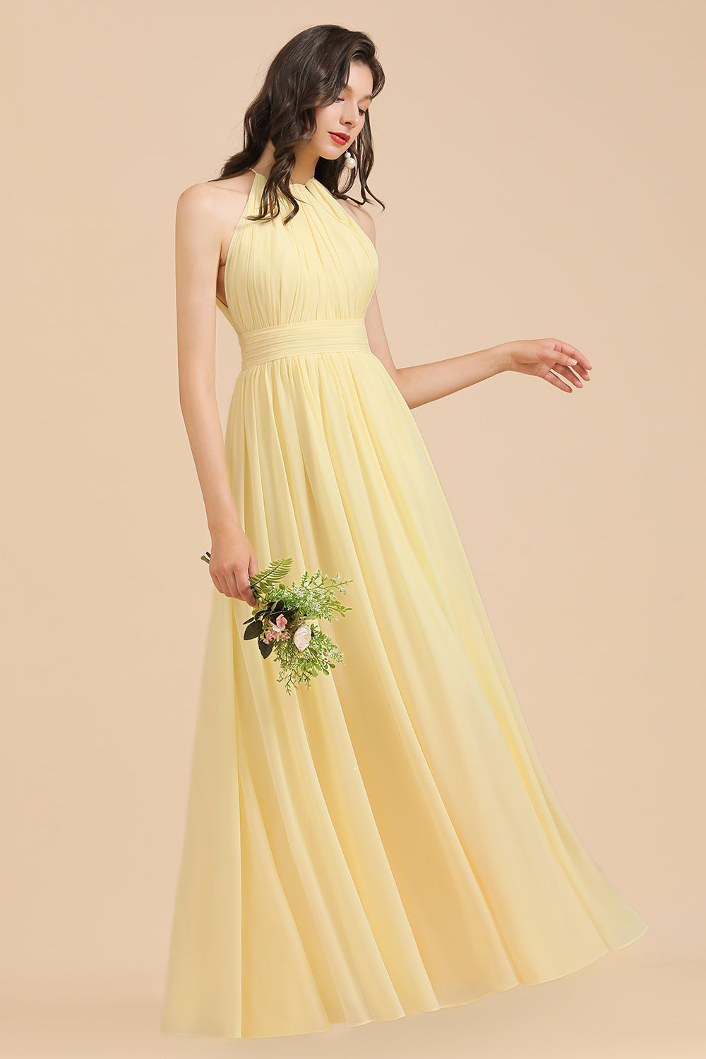 Halter Sleeveless Daffodil Chiffon Bridesmaid Dress with Ruffles -