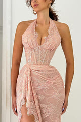 Halter Sleeveless Lace Appliques Pleated Long Prom Dress With Front Split