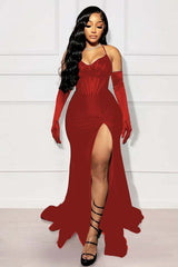 Halter Sleeveless Long Mermaid Prom Dress With Split Gloves