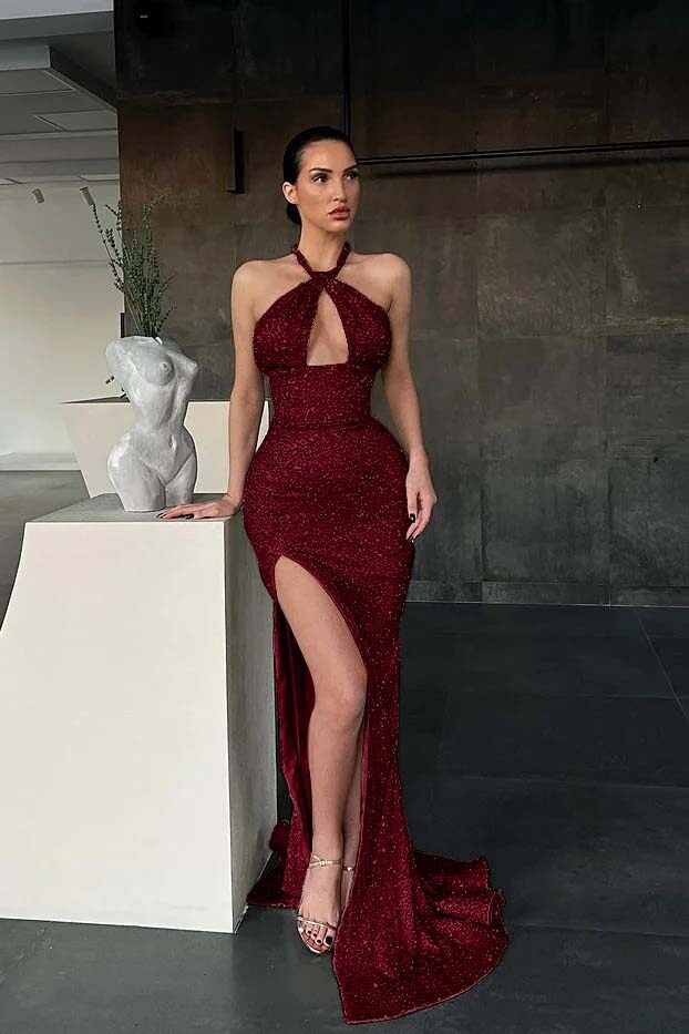 Halter Sleeveless Long Mermaid Prom Dress With Split Sequins