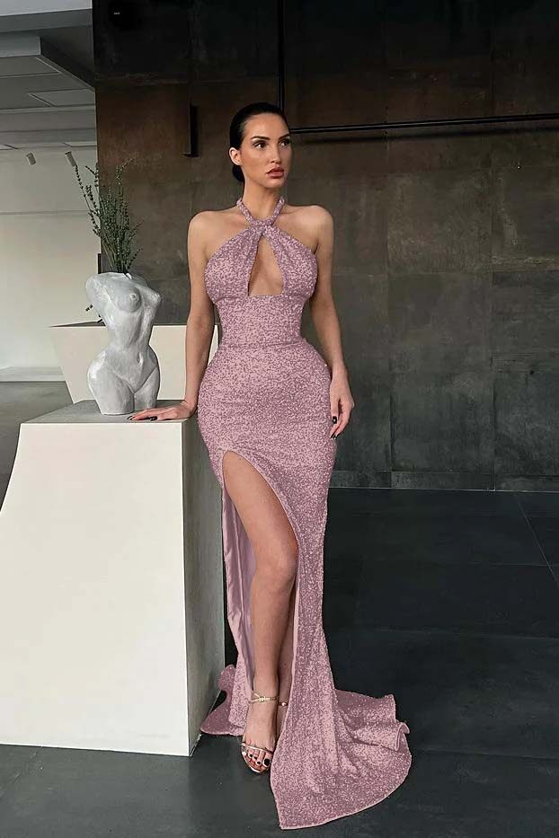 Halter Sleeveless Long Mermaid Prom Dress With Split Sequins