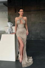 Halter Sleeveless Long Mermaid Prom Dress With Split Sequins
