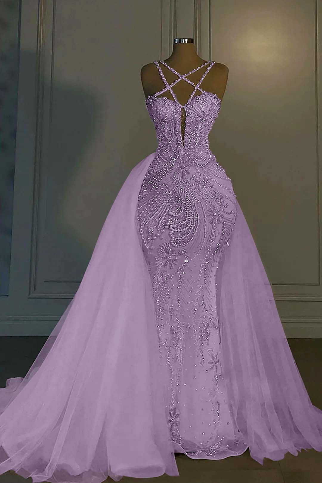 Halter Sleeveless Mermaid Long Prom Dress With Beading Tulle