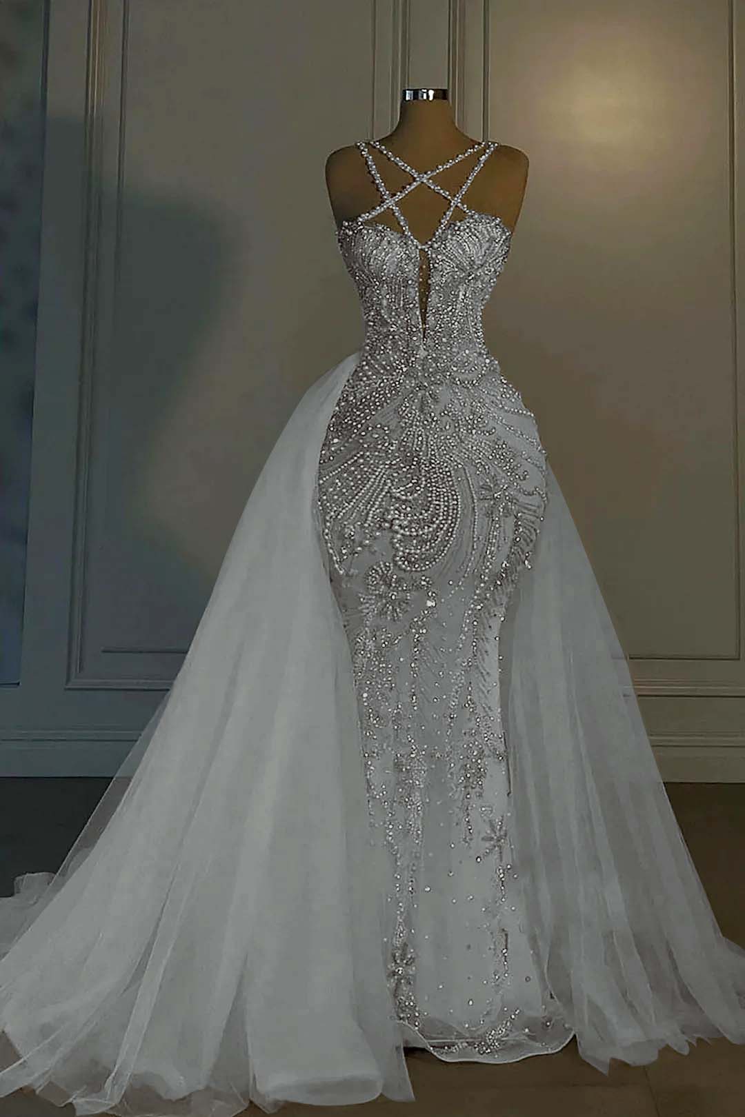 Halter Sleeveless Mermaid Long Prom Dress With Beading Tulle