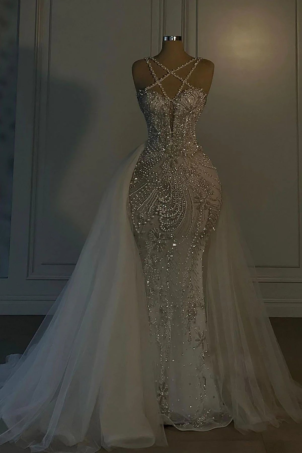 Halter Sleeveless Mermaid Long Prom Dress With Beading Tulle