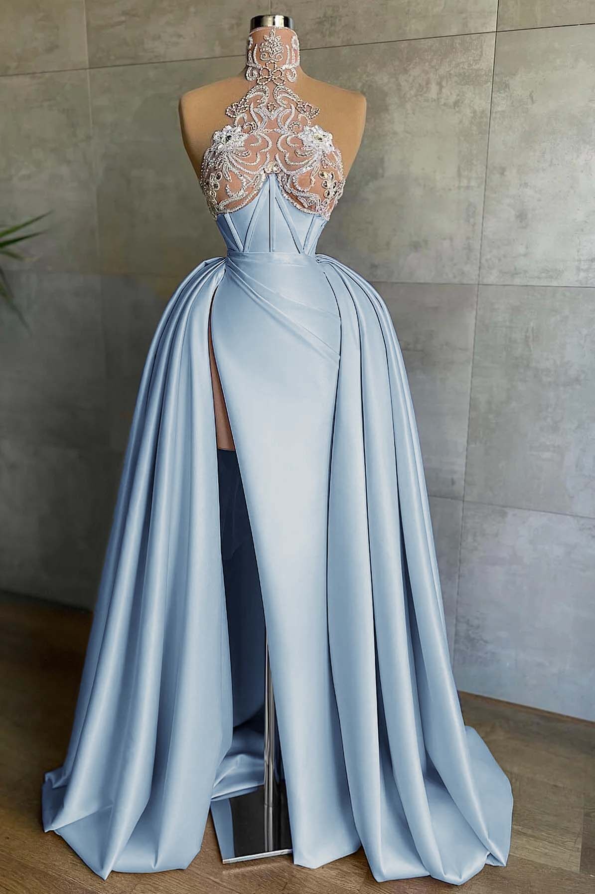Halter Sleeveless Mermaid Split Long Prom Dress With Appliques
