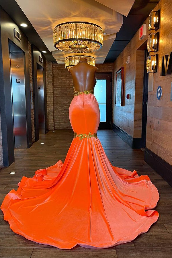 Halter Sleeveless Orange Mermaid Elegant Prom Dress Appliques With Beads