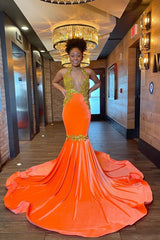Halter Sleeveless Orange Mermaid Elegant Prom Dress Appliques With Beads