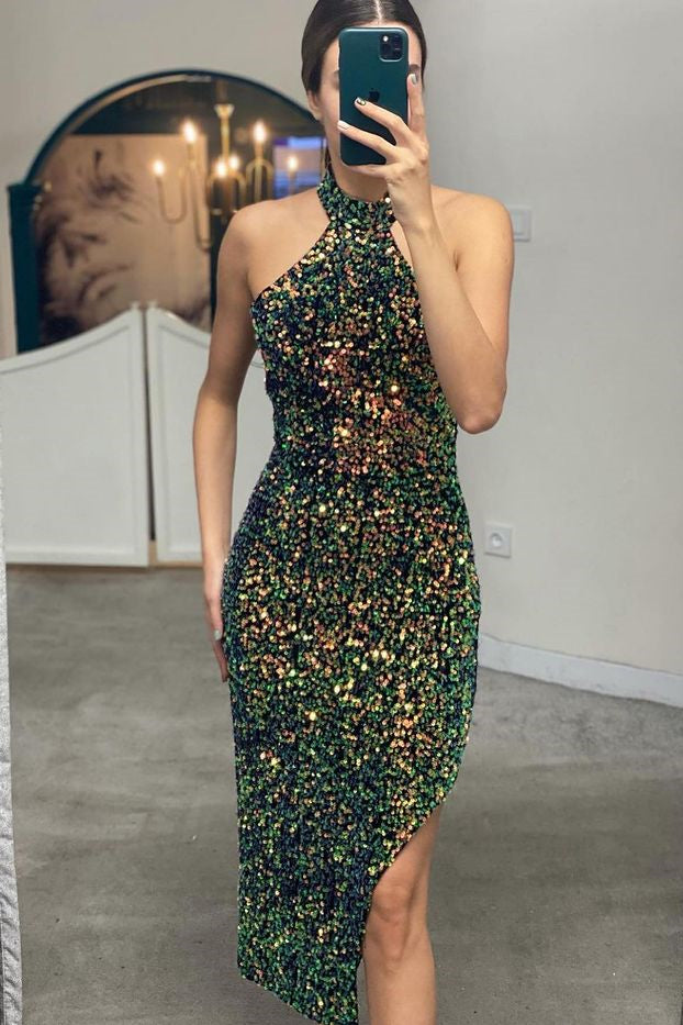 Halter Sleeveless Short Elegant Prom Sequins Dress With Side Split Online