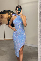 Halter Sleeveless Short Elegant Prom Sequins Dress With Side Split Online