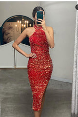 Halter Sleeveless Short Elegant Prom Sequins Dress With Side Split Online