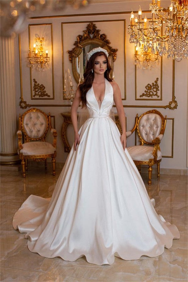 Halter V-Neck Wedding Dress Sleeveless Long-27dress
