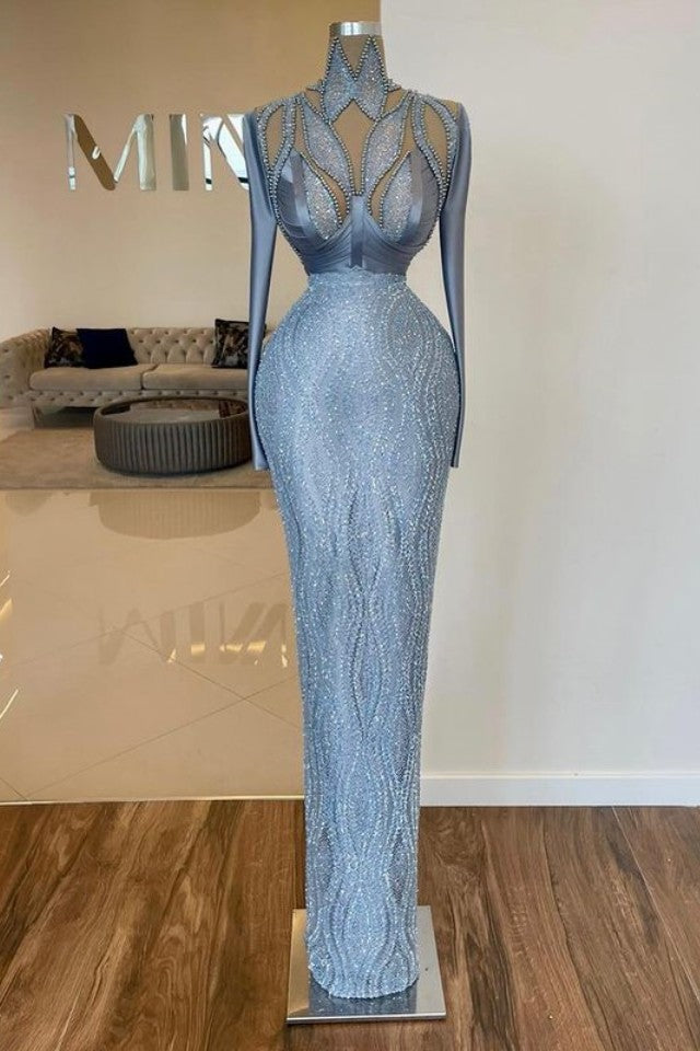 Heavy High Neck Prom Dress Long Sleeves With Sequins Beading
