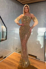 Heavy Prom Dress Gold With Beading Sequins With Long Half Sleeves