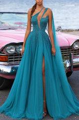 Heavy Tulle One Shoulder Prom Dress Green Sequins With Trail High Slit