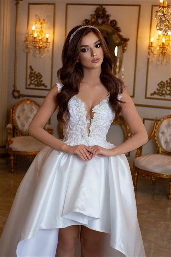 high low satin wedding dress High Low Off Shoudler Off White Satin Ball Gown Wedding Dresses, AB154 AlineBridal